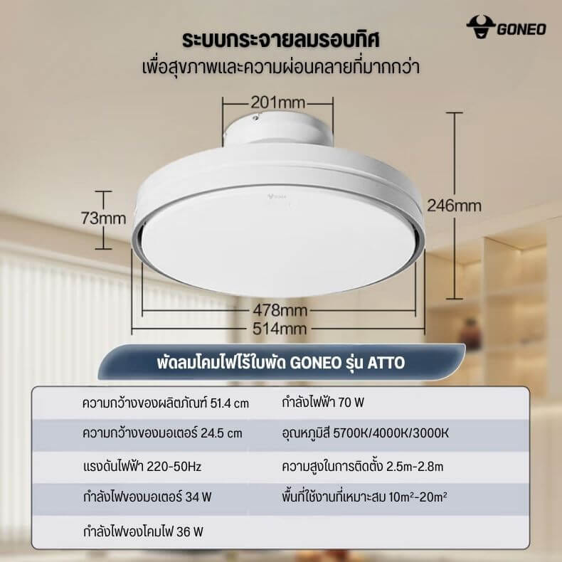พัดลมเพดาน ไร้ใบพัด  GONEO ATTO รุ่น GF19AT สีขาว (เป็นโคมไฟในตัว)_6